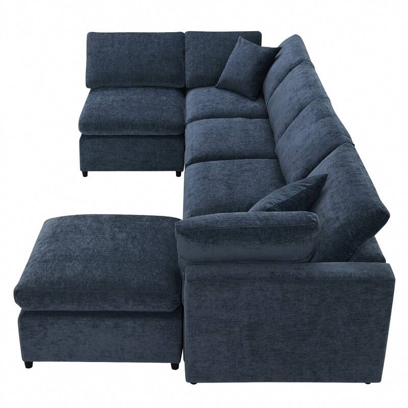 Modern Modular U-Shaped Sectional Sofa, Convertible Cloud Sleeper Sofa Bed, 6 Seat Chenille Sectional Couch Set with Ottoman