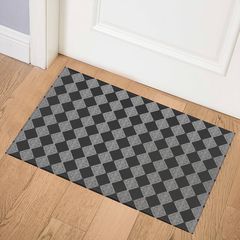 BLOCK PRINT CHECK BOARD IN BLACK AND WHITE Doormat By Kavka Designs