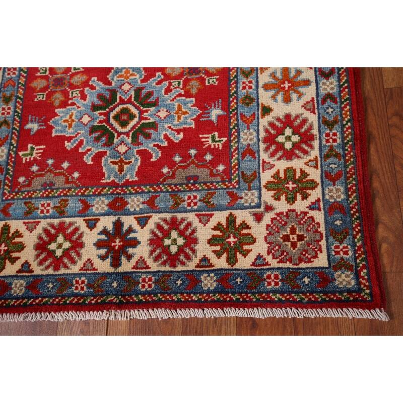 Geometric Kazak Foyer Rug Hand-Knotted Red Wool Carpet - 2'8" x 3'11"