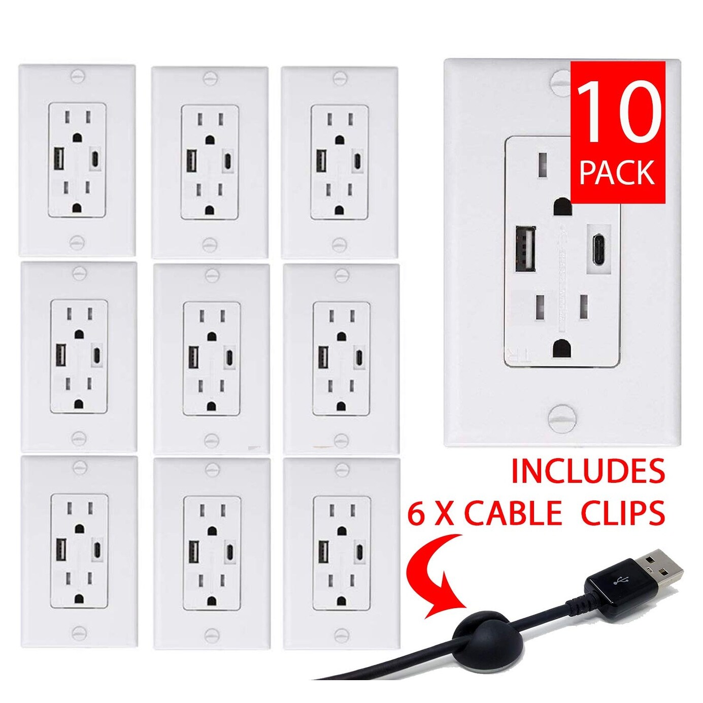 10 PACK 4.0A High Speed USB A/USB C Receptacle 15A Tamper Resistant Receptacle