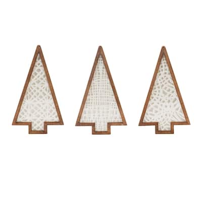 Set of 3 Beige Paper Mache Pine Trees, Rustic Woodland Style Holiday Decoration for Indoor Use - 10”L x 1”W x 17”H