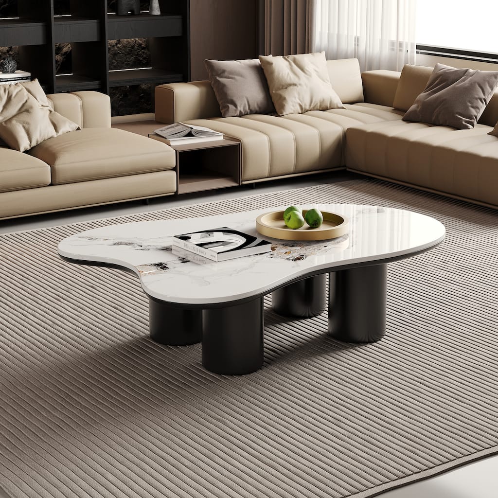 48"Modern Black Coofee Table, Glossy Sintered Stone Table-top, Cloud Shaped with 4 Legs