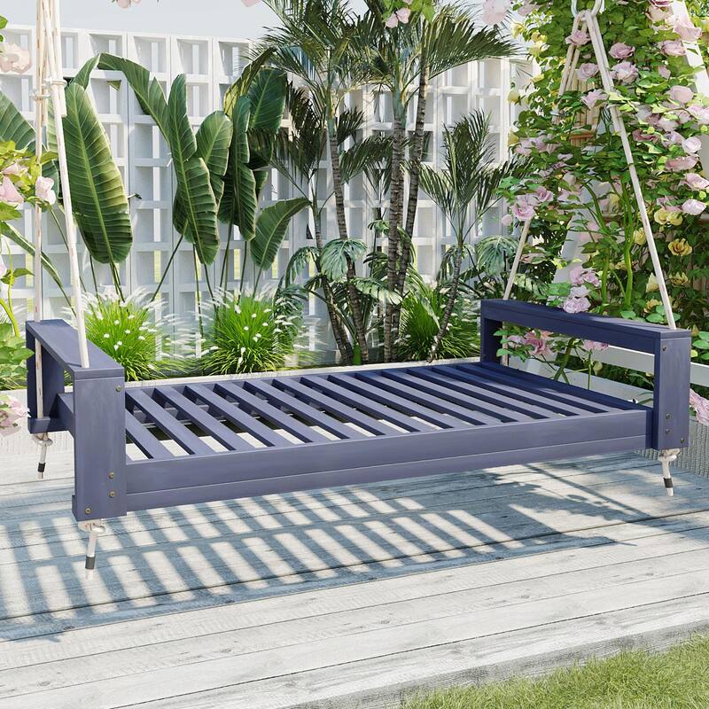 Twin Size Porch Swing Bed Seating Group, Patio Acacia Wood Swing Frame with Hemp Rope - Grey
