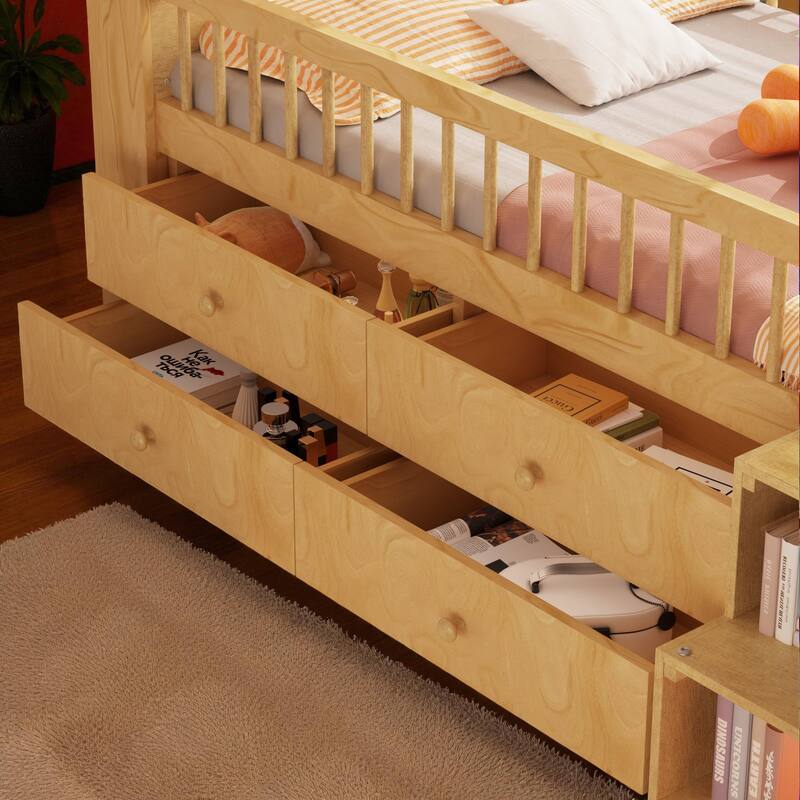 Twin Size Low Loft Bed with LED Light, Wooden Kids Loft Bed with Storage Drawers and House Headboard
