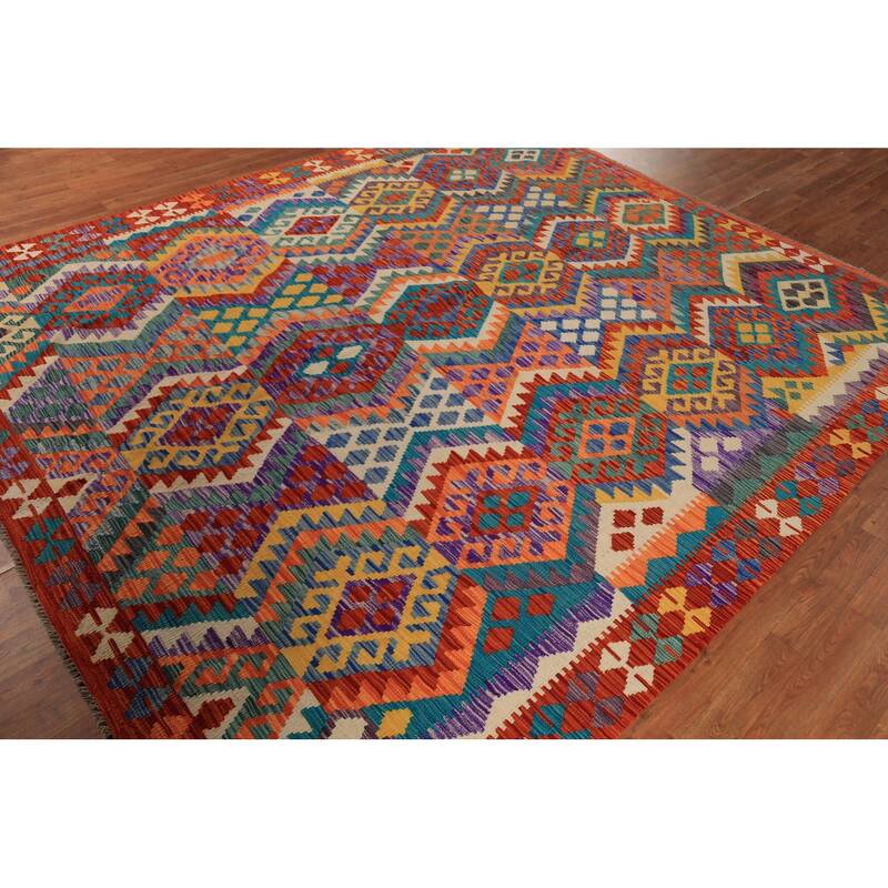 Multicolor Geometric Kilim Oriental Area Rug Hand-Woven Wool Carpet - 8'2" x 9'6"