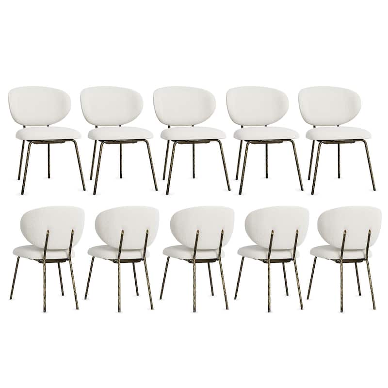 White Velvet Dining Chairs with Hammered Finish Metal Legs - Bronze - Set of 10