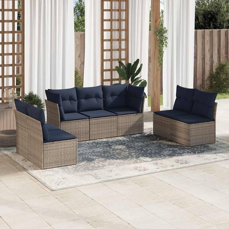 vidaXL 7/8 Piece Patio Sofa Set with Cushions Black/Brown/Gray Poly Rattan - 24.4 x 24.4 x 27.2 - Gray and navy blue Without table