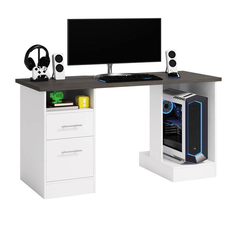 Engineered Wood Traditional Gaming Desk with 2 Drawers, White