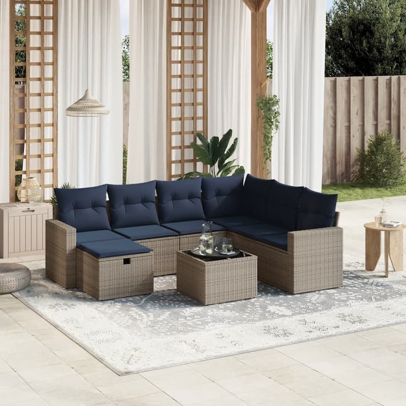 vidaXL Patio Sofa Set with Cushions Outdoor Conversation Furniture Poly Rattan - 24.4" x 24.4" x 27.2" - Gray with table