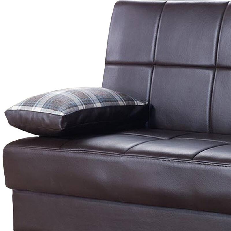 HomeRoots 75" Brown Faux Leather Convertible Futon Sleeper Sofa And Toss Pillows With Storage
