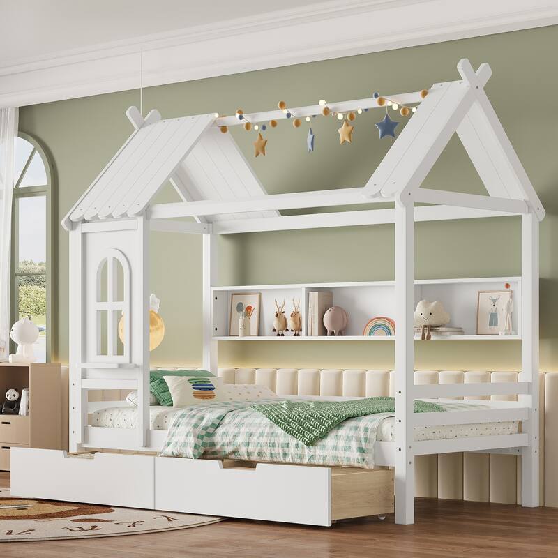 Charming House Bed for Girls, Boys Low Platform Bed Frame with Under-bed Drawers, Storage Shelves, Window and Roof