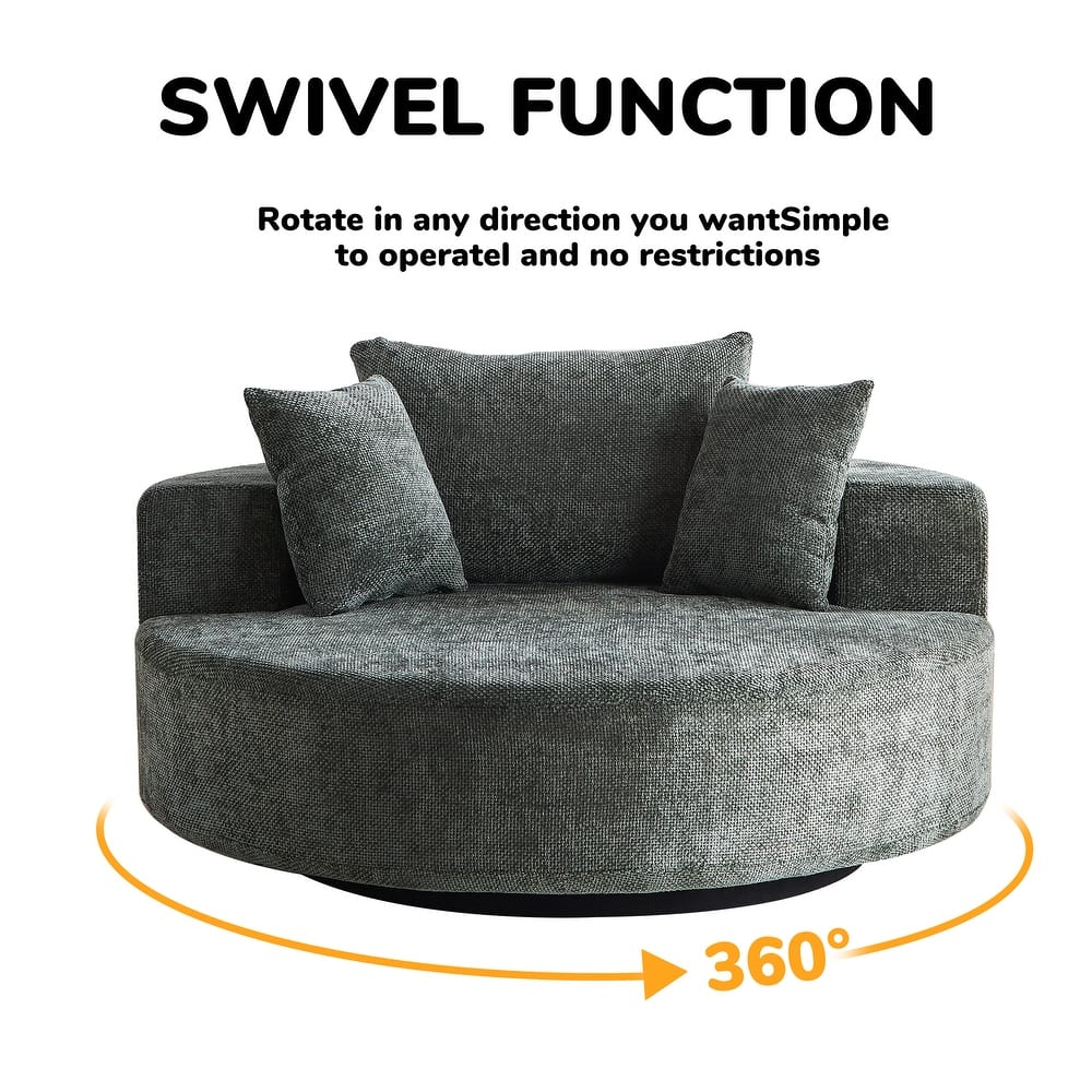 Oversized Swivel Barrel Chair, Chenille Upholstered Round Armchair, Single Sofa Chair with Headrest & 3 Cozy Pillows