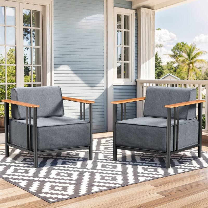 Outdoor Patio Funiture Set with Extra-Thick Seat cushion - Black & Dark Grey Cushion - 2PCS Patio Chairs