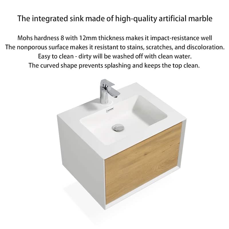 Wall-Mounted 1-drawer Bathroom Vanity Set in White and Oak with Integrated Solid Surface Sink