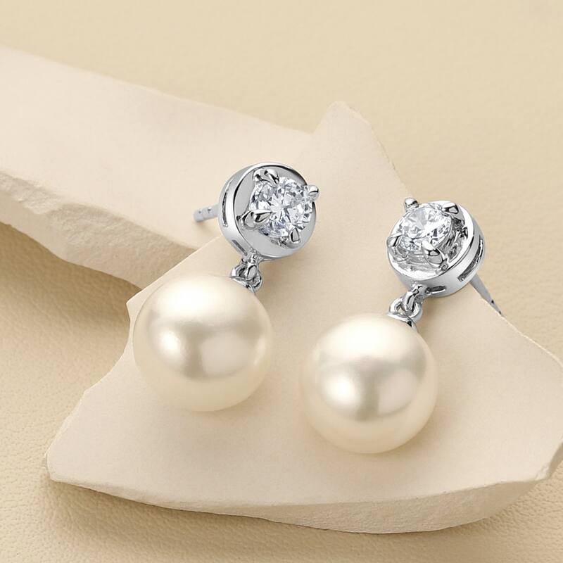 Freshwater Pearl and Cubic Zirconia Birthstone Sterling Silver Drop Earrings