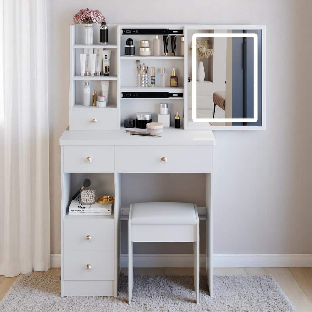 KISRAIS Fashion Vanity Desk with Mirror and Lights, 3 Color Lighting Brightness Adjustable