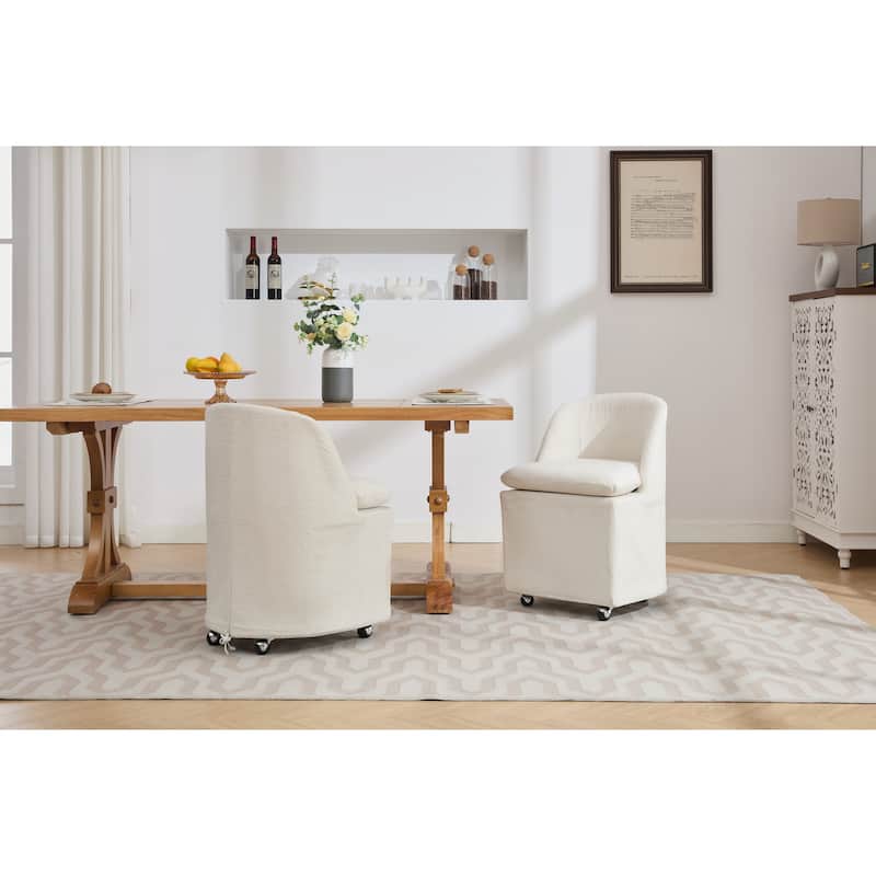 Set of 2 Chenille Fabric Dining Chairs With Universal Wheels,Beige