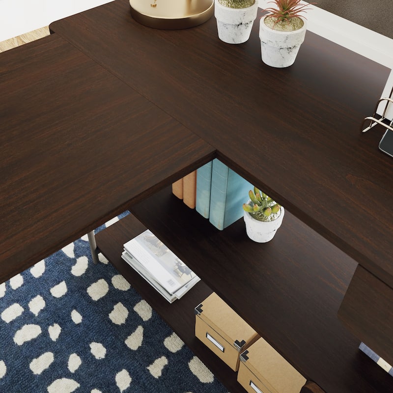 Wood L-Shaped Desk with 2 smooth-glide Drawers, Brown
