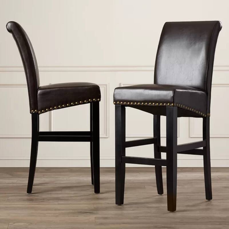 Modern Set of 2 Leather Counter Stools with Nail head Decoration and Upholstered for Bedroom and Dining Room