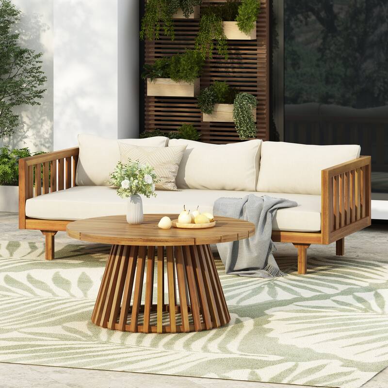Christopher Knight Home - Claremont 3-Seater Daybed + Acacia Wood Table Patio Furniture Set - Beige Cushion