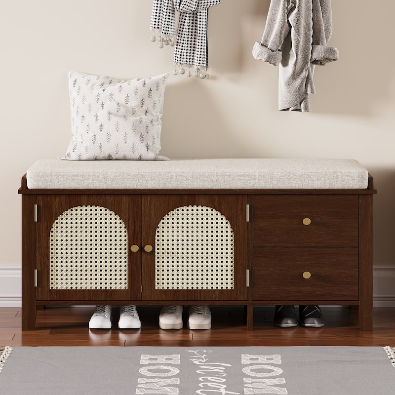 Wood Frame Bench with Shoe Storage, Shoe Bench with Rattan Arched Door and 2 Drawers Entryway Fabric Upholstered Bench