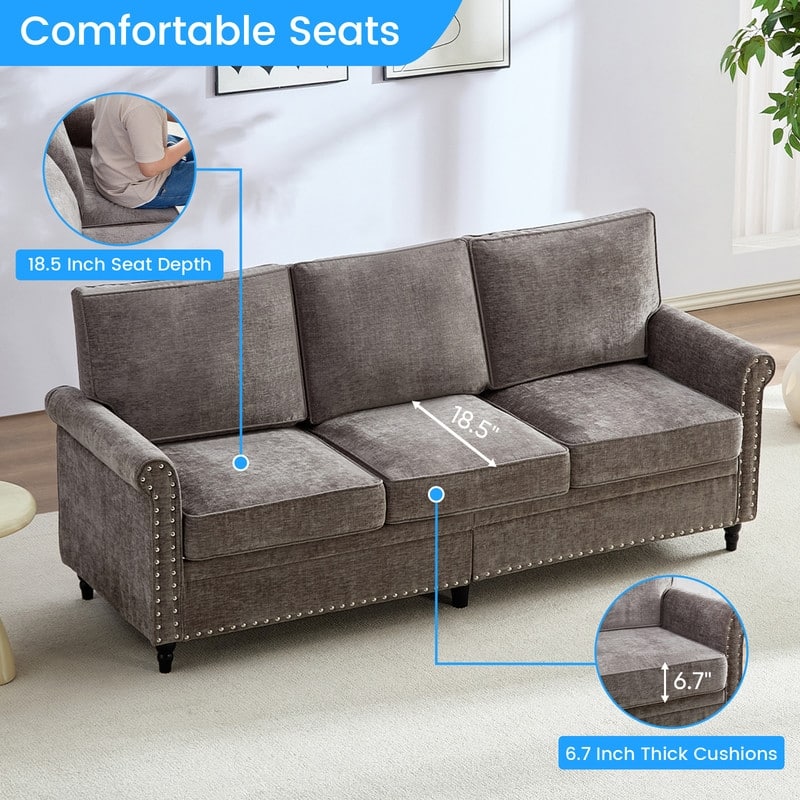 Mixoy Chenille Living Room Sofa,Modern 3-Seater Sofa Couch,Unique Riveted Look