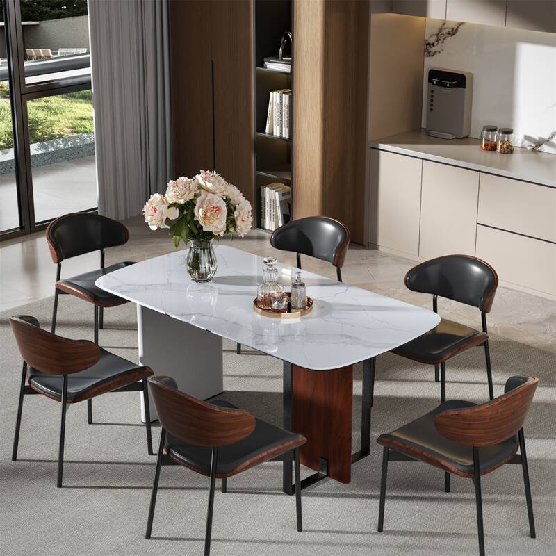 63" Dining Table Long Rectangular Kitchen Table with Sintered Stone Tempered Glass-top