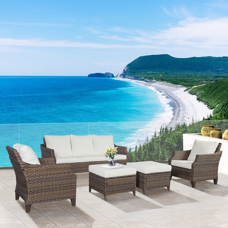 Patio Wicker Furniture Set-5 Piece Outdoor Sofa Set with Ottomans - Brown/Off-White