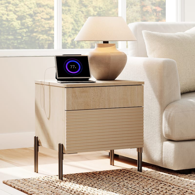 WAMPAT Fluted Nightstand with Charging Station,Modern Side Table with 2 Drawers