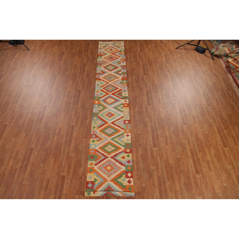 Colorful Geometric Kilim Runner Rug Hand-woven Wool Carpet - 2'5"x 16'5"