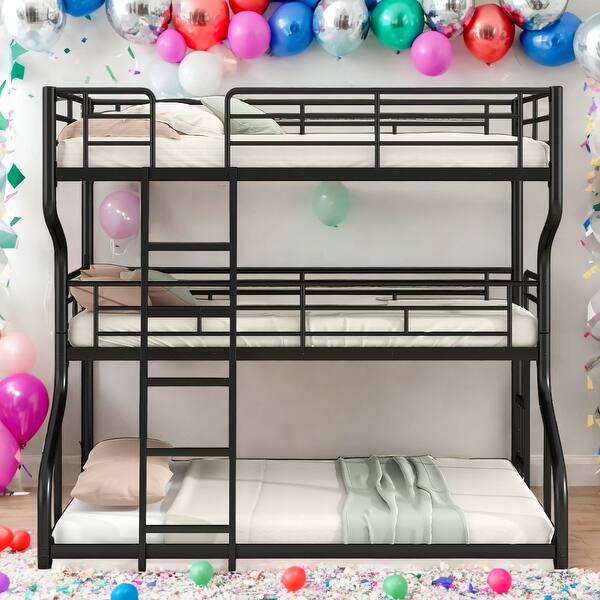 slide 2 of 18, Modern Full XL Over Twin XL Over Queen Size Industrial Style Triple Bunk Bed With Long And Short Ladder Black