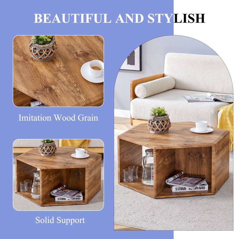 Roomfitters Hexagonal MDF Coffee Table with Patterned Finish, Multi-Hole Storage Design for Any Room Style