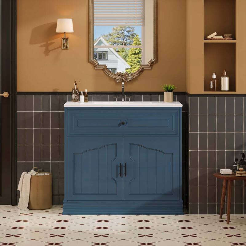 36 Inch Bathroom Vanity with Ceramic Sink,Soft Closing Doors,and Wood Frame for Elegant Storage - Blue