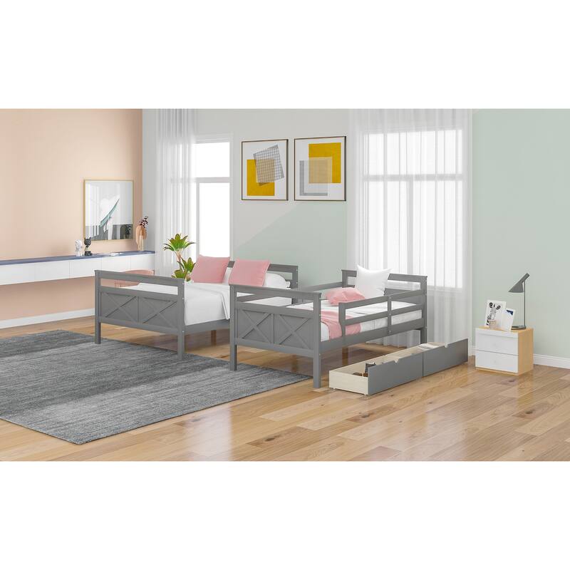 Twin over Full Bunk Bed with Ladder, Two Storage Drawers, Safety Guardrail