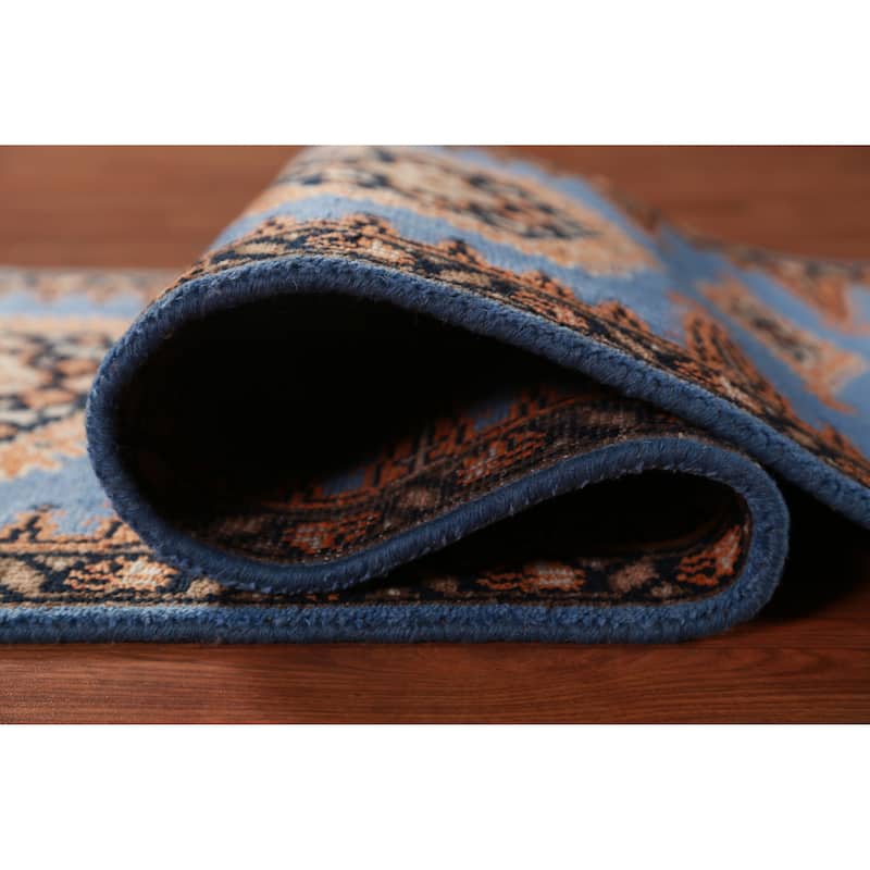 Hand Knotted Oriental 100% Wool Carpet Traditional Geometric Navy Blue & Blues Viss Runner Rug - 9' 8'' X 2' 6''