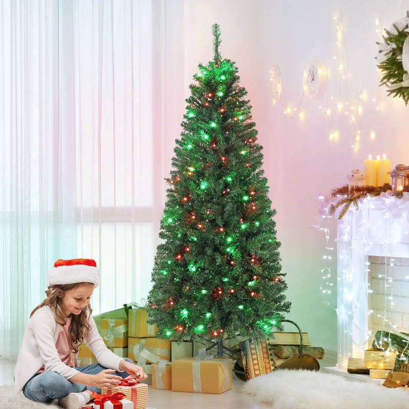 HOMCOM 5ft Prelit Xmas Tree: Colorful LED, Remote, 12 Modes, Timer, Slim Fir, Green - 5 Foot
