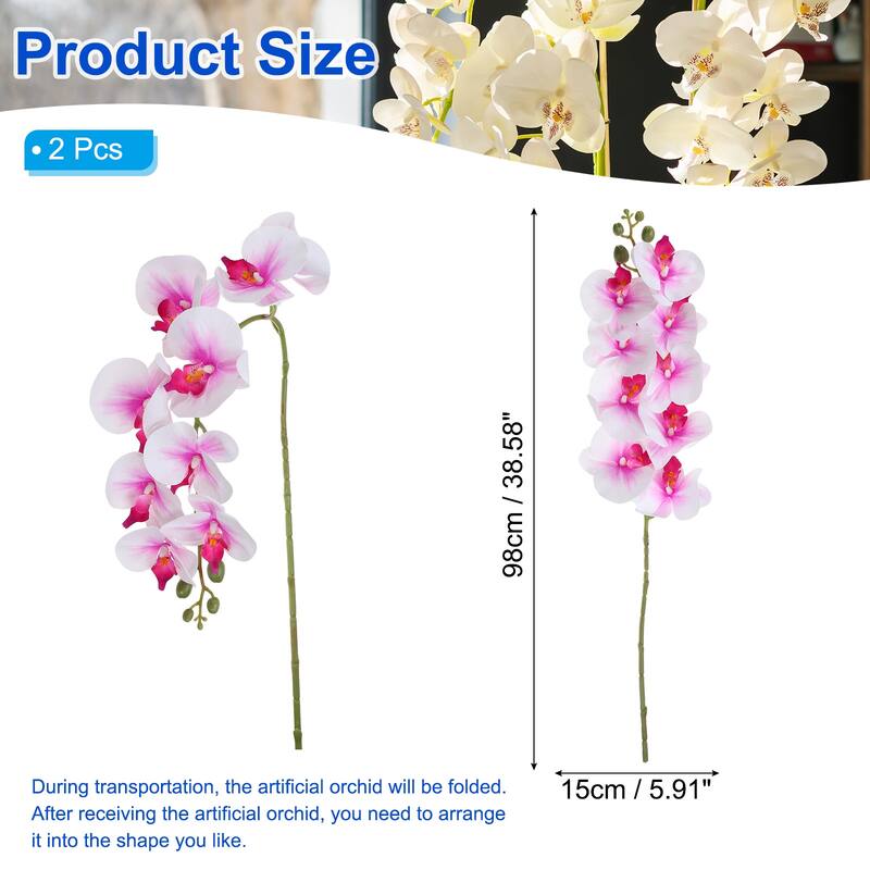 2 Pcs 38 Inch Artificial Orchid Stems Phalaenopsis Flowers - White Purple