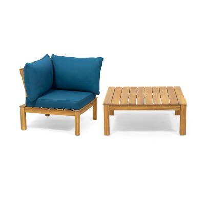 Keto Outdoor 2 Piece Sofa and Coffee Table Set, Teal Fabric Brown Wood