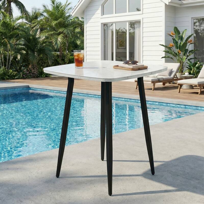 Marble-Look Square Aluminum Bar Dining Table with Umbrella Hole for Indoor and Outdoor Use - Marble-Look Tabletop