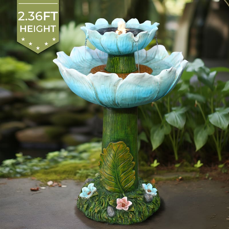 Solar Powered Blue Flower 2-Tier Resin Birdbath Fountain with Lights