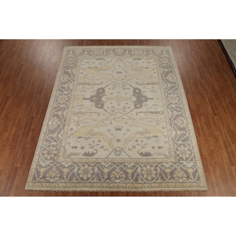 Earth Tone Oushak Indian Rug Hand-Knotted Floral Wool Carpet - 9'2"x 11'6"