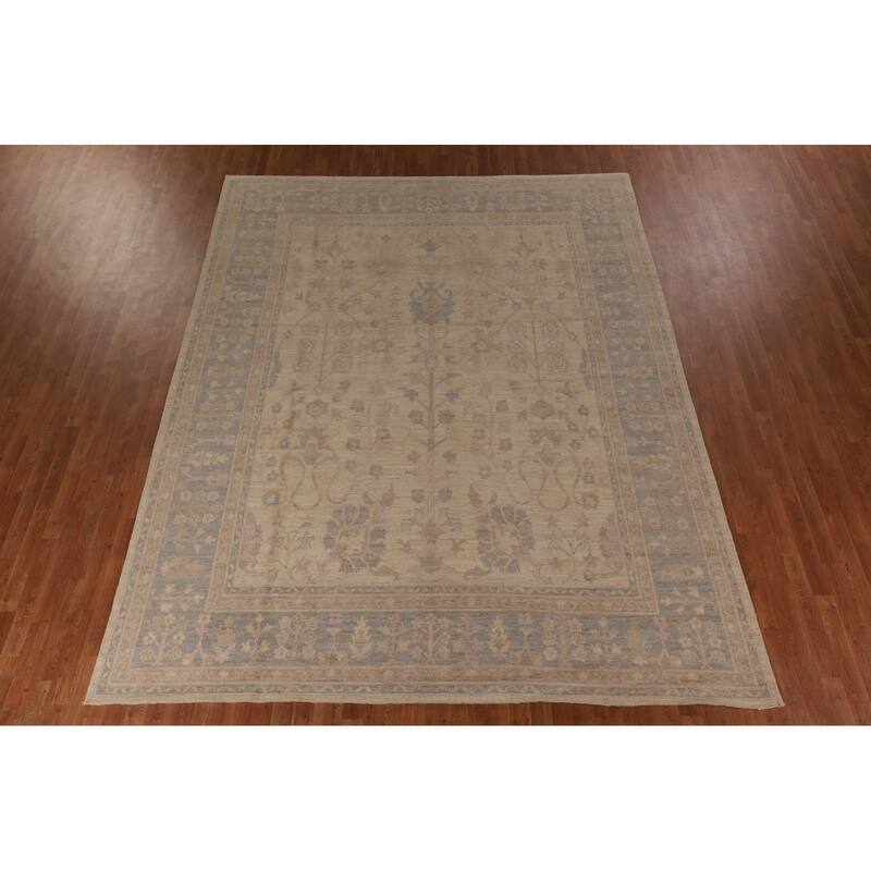 Vegetable Dye Oushak Turkish Area Rug Hand-Knotted Beige Wool Carpet - 9'1" x 11'5"