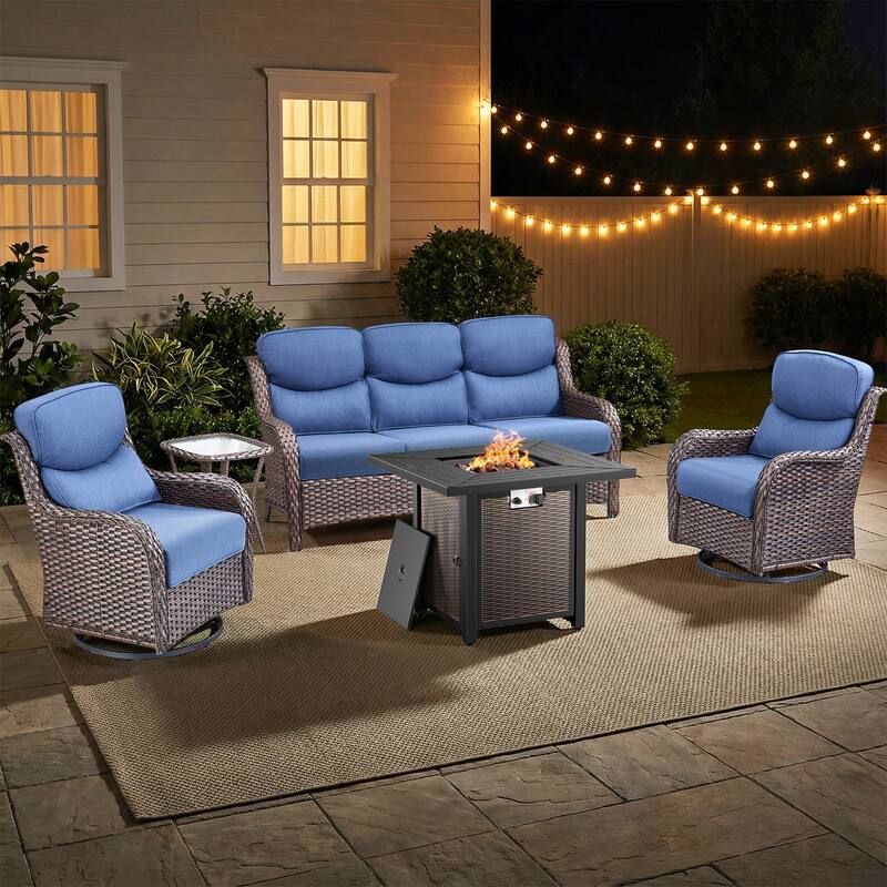 Pocassy 30 In Outdoor Fire Pits with Patio Sofa Swivel Glider Chari Furniture. - Brown Wicker Blue Cushion - 5-Piece Sofa Swivel Chair Table w/ Fie Pit Table