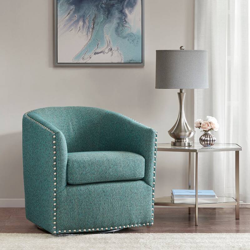 Roomfitters Swivel Accent Chair, Upholstered Barrel Armchair with 360 Degree Metal Base and Nailhead Trim