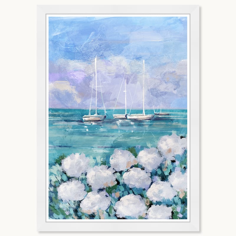 Wynwood Studio Blue Water Front Sails Framed Beachfront Coastal Prints - 15 x 21 - White