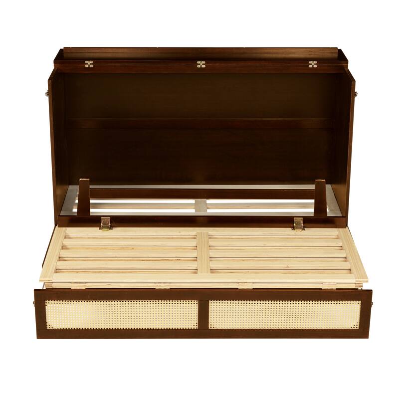 Queen Size Murphy Bed Cabinet with Rattan Decoration and Storage Drawer, Walnut Finish