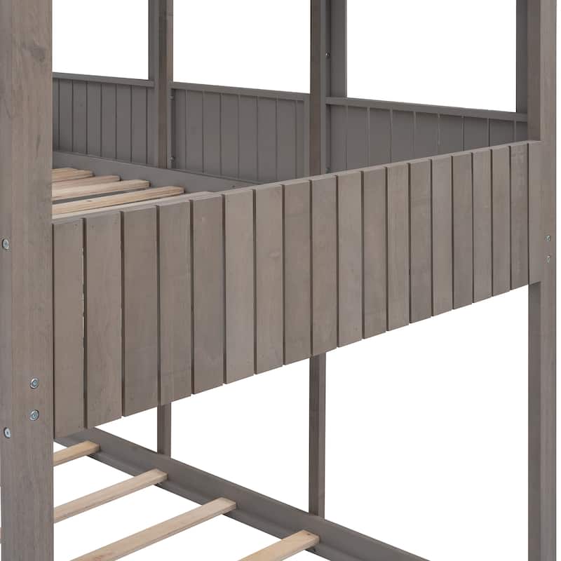 Full Over Full WoodBunk Bed with Roof, Window, Guardrail, Ladder(Antique Gray)