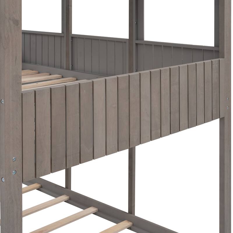 Full Over Full WoodBunk Bed with Roof, Window, Guardrail, Ladder