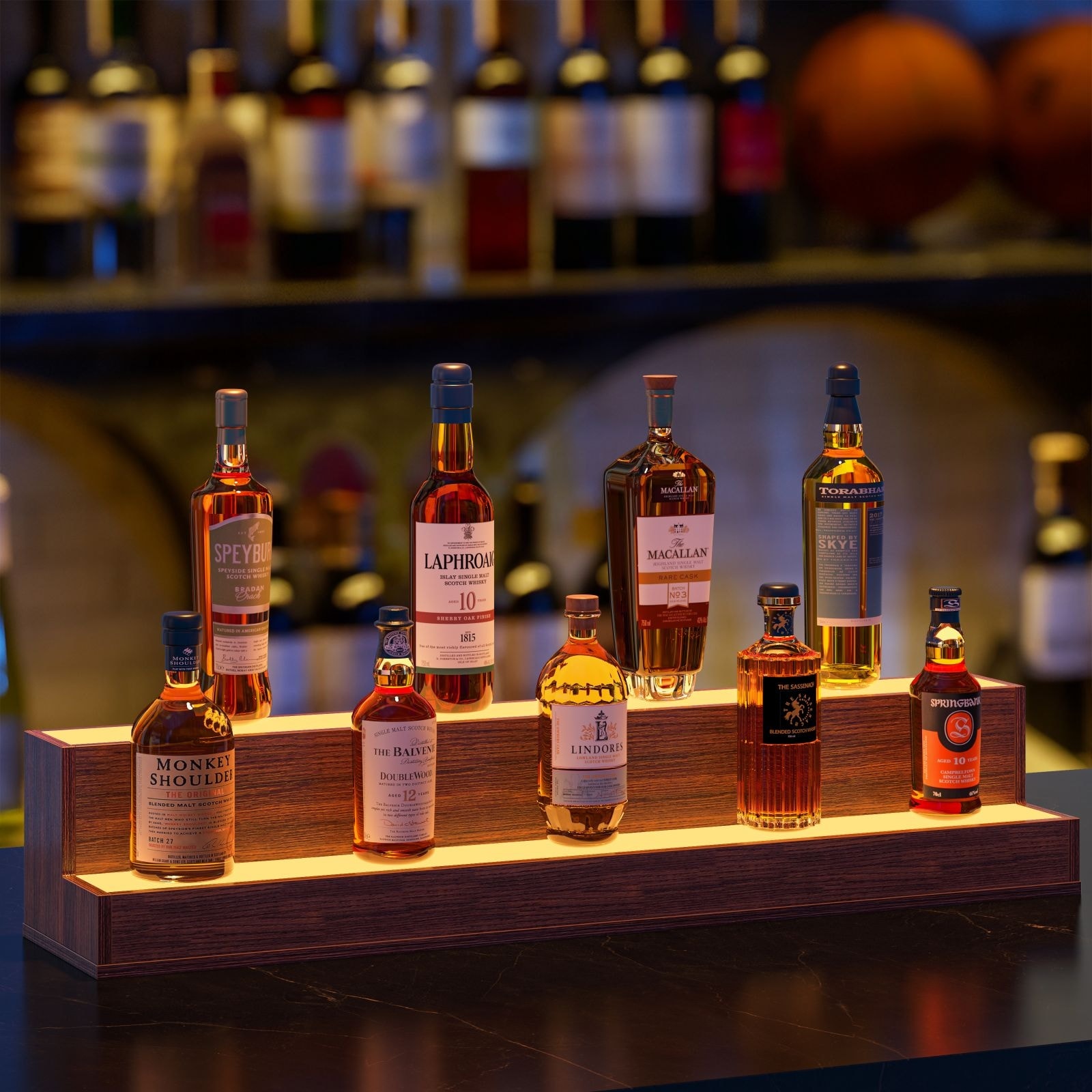 Freestanding Holding Bottles for Home Bar, LED Lighted Liquor Bottle Display Shelf, Walnut Countertop Bar Display Shelf