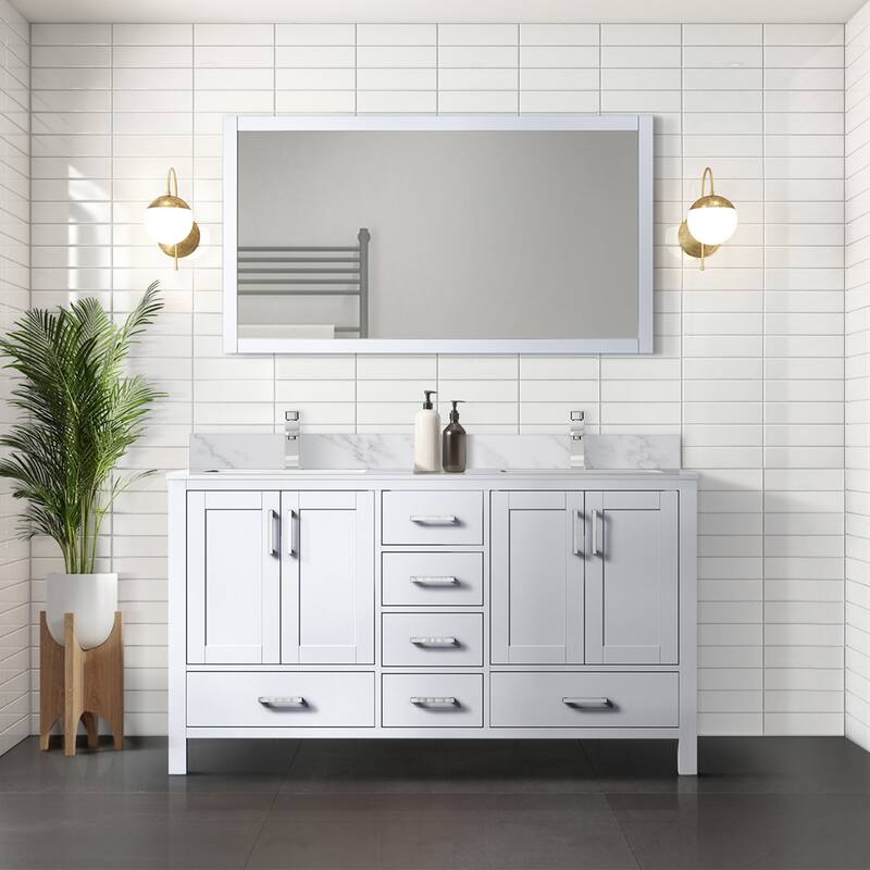 Jacques 60 in. W x 22 in. D Dark Grey Double Bath Vanity, Carrara Marble Top, Faucet Set, and 58 in. Mirror - White